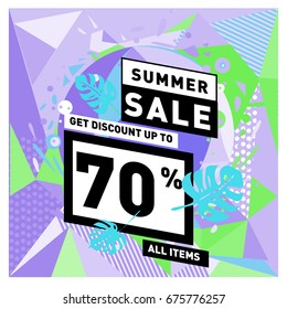 Summer sale geometric style web banner. Fashion and travel discount. Vector holiday Abstract colorful illustration with special offers and promotions.