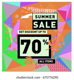 Summer sale geometric style web banner. Fashion and travel discount. Vector holiday Abstract colorful illustration with special offers and promotions.