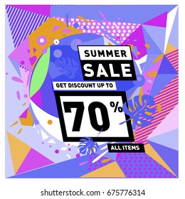 Summer sale geometric style web banner. Fashion and travel discount. Vector holiday Abstract colorful illustration with special offers and promotions.