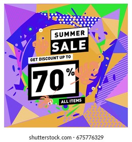 Summer sale geometric style web banner. Fashion and travel discount. Vector holiday Abstract colorful illustration with special offers and promotions.
