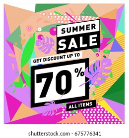 Summer sale geometric style web banner. Fashion and travel discount. Vector holiday Abstract colorful illustration with special offers and promotions.