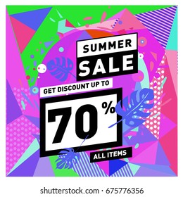 Summer sale geometric style web banner. Fashion and travel discount. Vector holiday Abstract colorful illustration with special offers and promotions.
