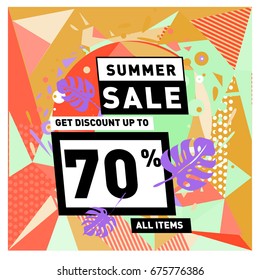 Summer sale geometric style web banner. Fashion and travel discount. Vector holiday Abstract colorful illustration with special offers and promotions.