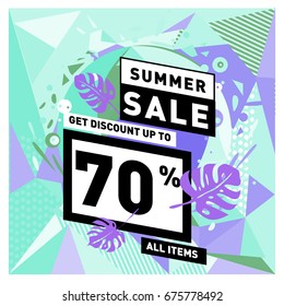 Summer sale geometric style web banner. Fashion and travel discount. Vector holiday Abstract colorful illustration with special offers and promotions.