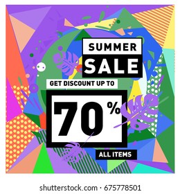 Summer sale geometric style web banner. Fashion and travel discount. Vector holiday Abstract colorful illustration with special offers and promotions.