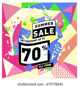 Summer sale geometric style web banner. Fashion and travel discount. Vector holiday Abstract colorful illustration with special offers and promotions.