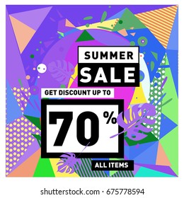 Summer sale geometric style web banner. Fashion and travel discount. Vector holiday Abstract colorful illustration with special offers and promotions.