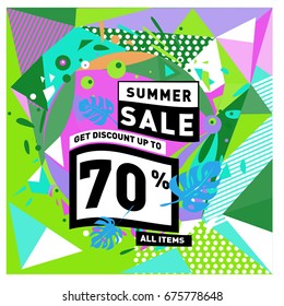 Summer sale geometric style web banner. Fashion and travel discount. Vector holiday Abstract colorful illustration with special offers and promotions.