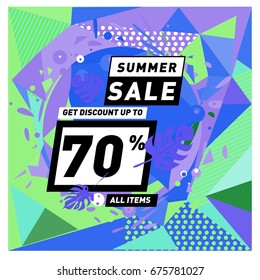 Summer sale geometric style web banner. Fashion and travel discount. Vector holiday Abstract colorful illustration with special offers and promotions.