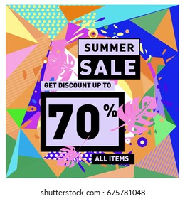 Summer sale geometric style web banner. Fashion and travel discount. Vector holiday Abstract colorful illustration with special offers and promotions.