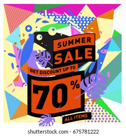 Summer sale geometric style web banner. Fashion and travel discount. Vector holiday Abstract colorful illustration with special offers and promotions.