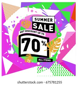 Summer sale geometric style web banner. Fashion and travel discount. Vector holiday Abstract colorful illustration with special offers and promotions.