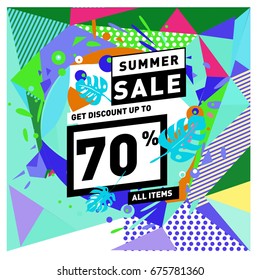 Summer sale geometric style web banner. Fashion and travel discount. Vector holiday Abstract colorful illustration with special offers and promotions.