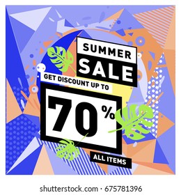 Summer sale geometric style web banner. Fashion and travel discount. Vector holiday Abstract colorful illustration with special offers and promotions.