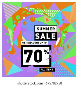Summer sale geometric style web banner. Fashion and travel discount. Vector holiday Abstract colorful illustration with special offers and promotions.