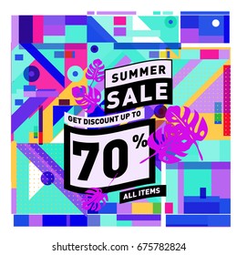 Summer sale geometric style web banner. Fashion and travel discount. Vector holiday Abstract colorful illustration with special offers and promotions.