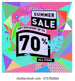 Summer sale geometric style web banner. Fashion and travel discount. Vector holiday Abstract colorful illustration with special offers and promotions.