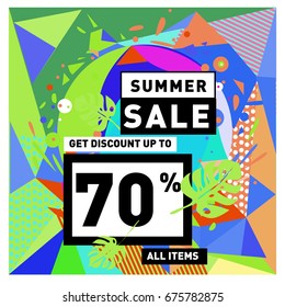 Summer sale geometric style web banner. Fashion and travel discount. Vector holiday Abstract colorful illustration with special offers and promotions.