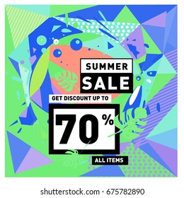 Summer sale geometric style web banner. Fashion and travel discount. Vector holiday Abstract colorful illustration with special offers and promotions.