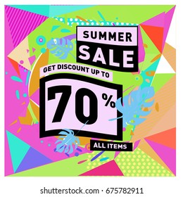 Summer sale geometric style web banner. Fashion and travel discount. Vector holiday Abstract colorful illustration with special offers and promotions.