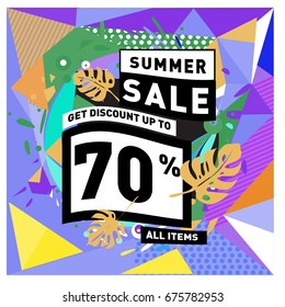 Summer sale geometric style web banner. Fashion and travel discount. Vector holiday Abstract colorful illustration with special offers and promotions.