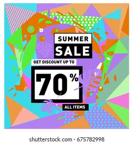 Summer sale geometric style web banner. Fashion and travel discount. Vector holiday Abstract colorful illustration with special offers and promotions.