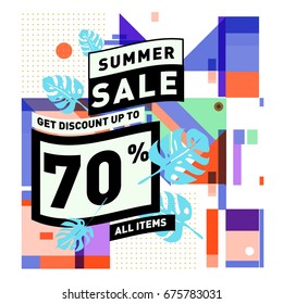 Summer sale geometric style web banner. Fashion and travel discount. Vector holiday Abstract colorful illustration with special offers and promotions.