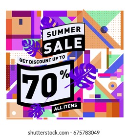 Summer sale geometric style web banner. Fashion and travel discount. Vector holiday Abstract colorful illustration with special offers and promotions.