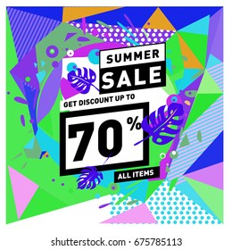 Summer sale geometric style web banner. Fashion and travel discount. Vector holiday Abstract colorful illustration with special offers and promotions.