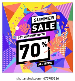 Summer sale geometric style web banner. Fashion and travel discount. Vector holiday Abstract colorful illustration with special offers and promotions.