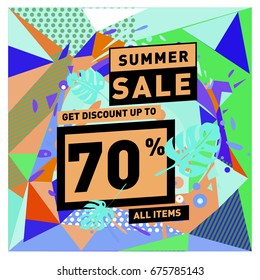 Summer sale geometric style web banner. Fashion and travel discount. Vector holiday Abstract colorful illustration with special offers and promotions.