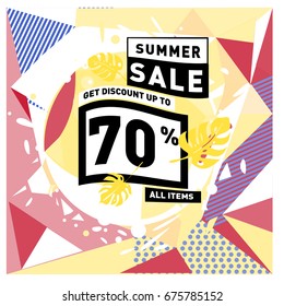 Summer sale geometric style web banner. Fashion and travel discount. Vector holiday Abstract colorful illustration with special offers and promotions.
