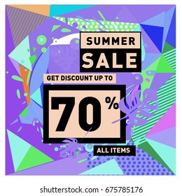 Summer sale geometric style web banner. Fashion and travel discount. Vector holiday Abstract colorful illustration with special offers and promotions.