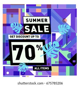 Summer sale geometric style web banner. Fashion and travel discount. Vector holiday Abstract colorful illustration with special offers and promotions.