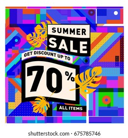 Summer sale geometric style web banner. Fashion and travel discount. Vector holiday Abstract colorful illustration with special offers and promotions.
