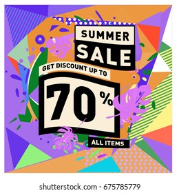 Summer sale geometric style web banner. Fashion and travel discount. Vector holiday Abstract colorful illustration with special offers and promotions.