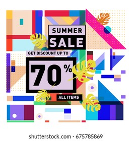 Summer sale geometric style web banner. Fashion and travel discount. Vector holiday Abstract colorful illustration with special offers and promotions.