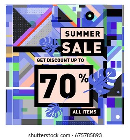 Summer sale geometric style web banner. Fashion and travel discount. Vector holiday Abstract colorful illustration with special offers and promotions.