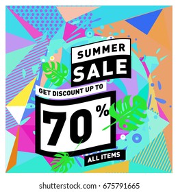 Summer sale geometric style web banner. Fashion and travel discount. Vector holiday Abstract colorful illustration with special offers and promotions.