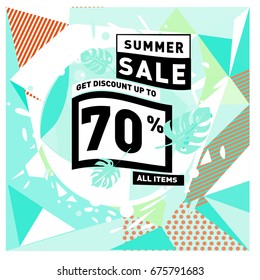 Summer sale geometric style web banner. Fashion and travel discount. Vector holiday Abstract colorful illustration with special offers and promotions.
