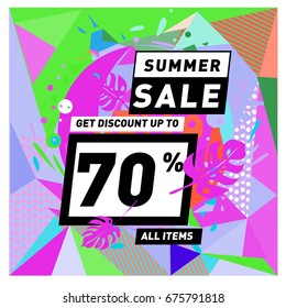 Summer sale geometric style web banner. Fashion and travel discount. Vector holiday Abstract colorful illustration with special offers and promotions.
