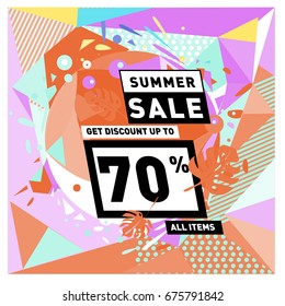 Summer sale geometric style web banner. Fashion and travel discount. Vector holiday Abstract colorful illustration with special offers and promotions.