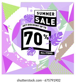 Summer sale geometric style web banner. Fashion and travel discount. Vector holiday Abstract colorful illustration with special offers and promotions.
