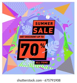 Summer sale geometric style web banner. Fashion and travel discount. Vector holiday Abstract colorful illustration with special offers and promotions.