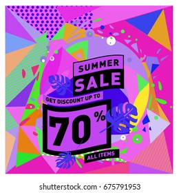 Summer sale geometric style web banner. Fashion and travel discount. Vector holiday Abstract colorful illustration with special offers and promotions.
