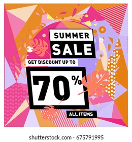 Summer sale geometric style web banner. Fashion and travel discount. Vector holiday Abstract colorful illustration with special offers and promotions.