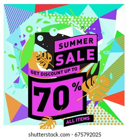 Summer sale geometric style web banner. Fashion and travel discount. Vector holiday Abstract colorful illustration with special offers and promotions.