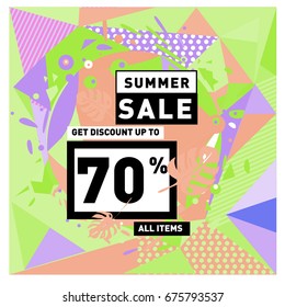 Summer sale geometric style web banner. Fashion and travel discount. Vector holiday Abstract colorful illustration with special offers and promotions.