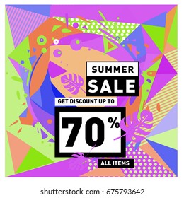 Summer sale geometric style web banner. Fashion and travel discount. Vector holiday Abstract colorful illustration with special offers and promotions.