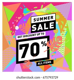 Summer sale geometric style web banner. Fashion and travel discount. Vector holiday Abstract colorful illustration with special offers and promotions.